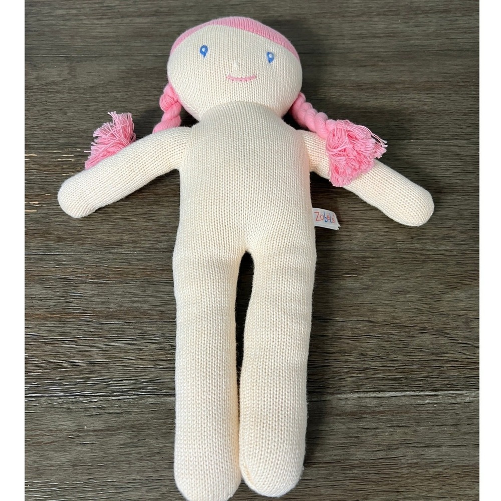 Zubels Hand Knit Doll Pink Braided Hair Cotton Plush Toy Artisan Eco Friendly